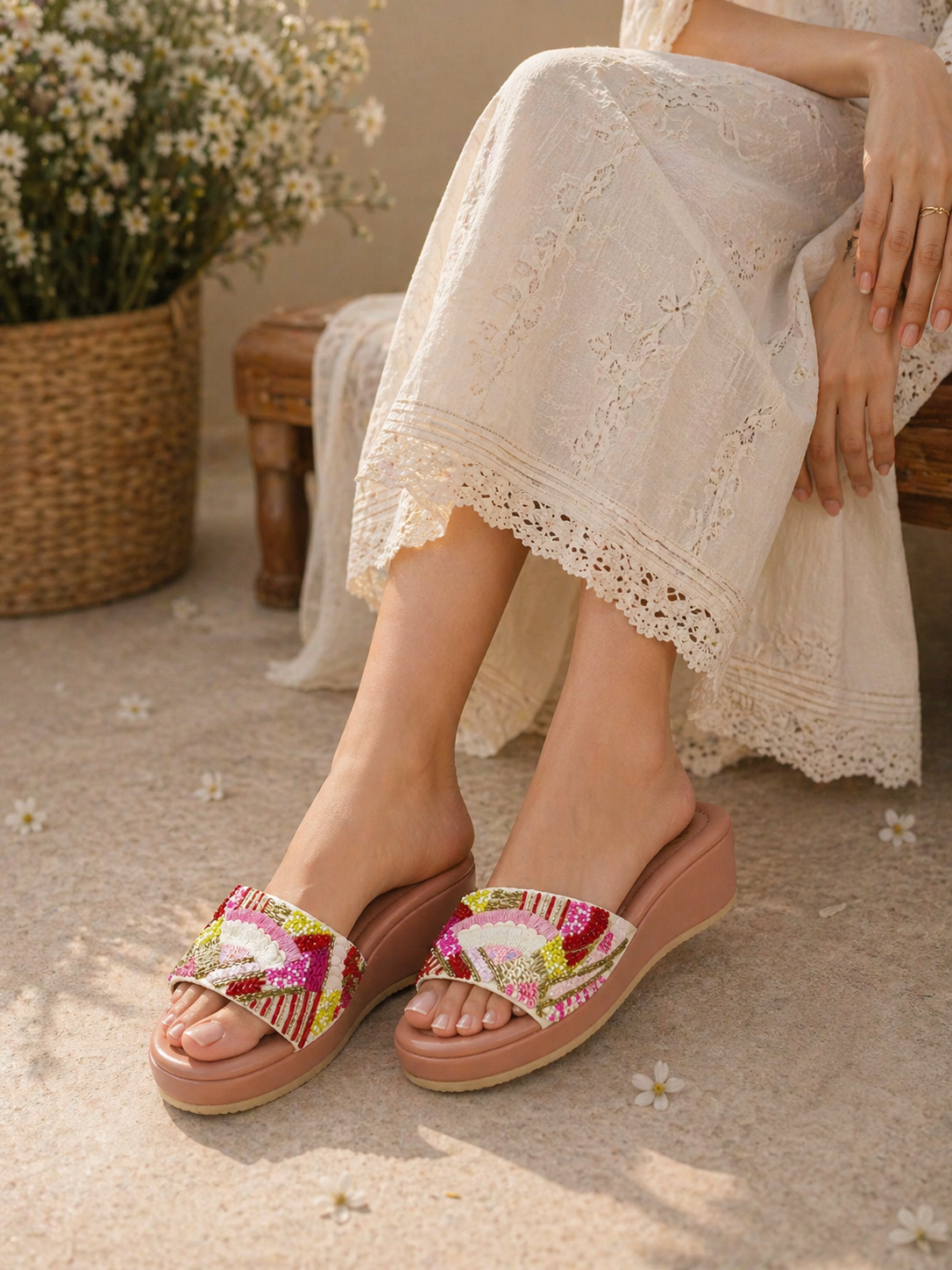 Gulabo Pink Open Toe Bridal Wedge Sandal