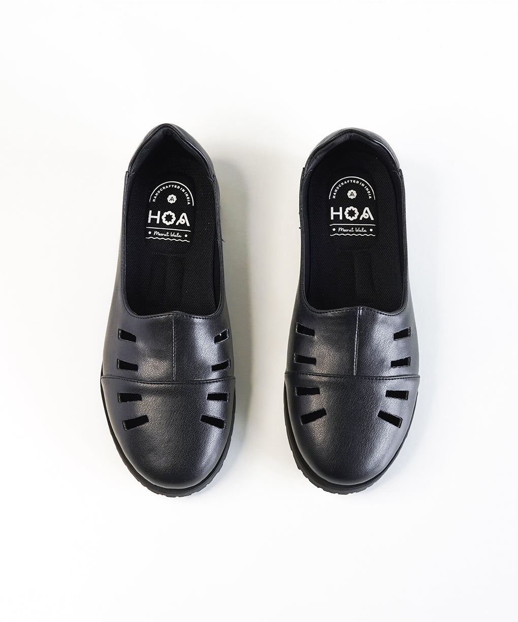 Black Leather Cut Out Loafer Shoes