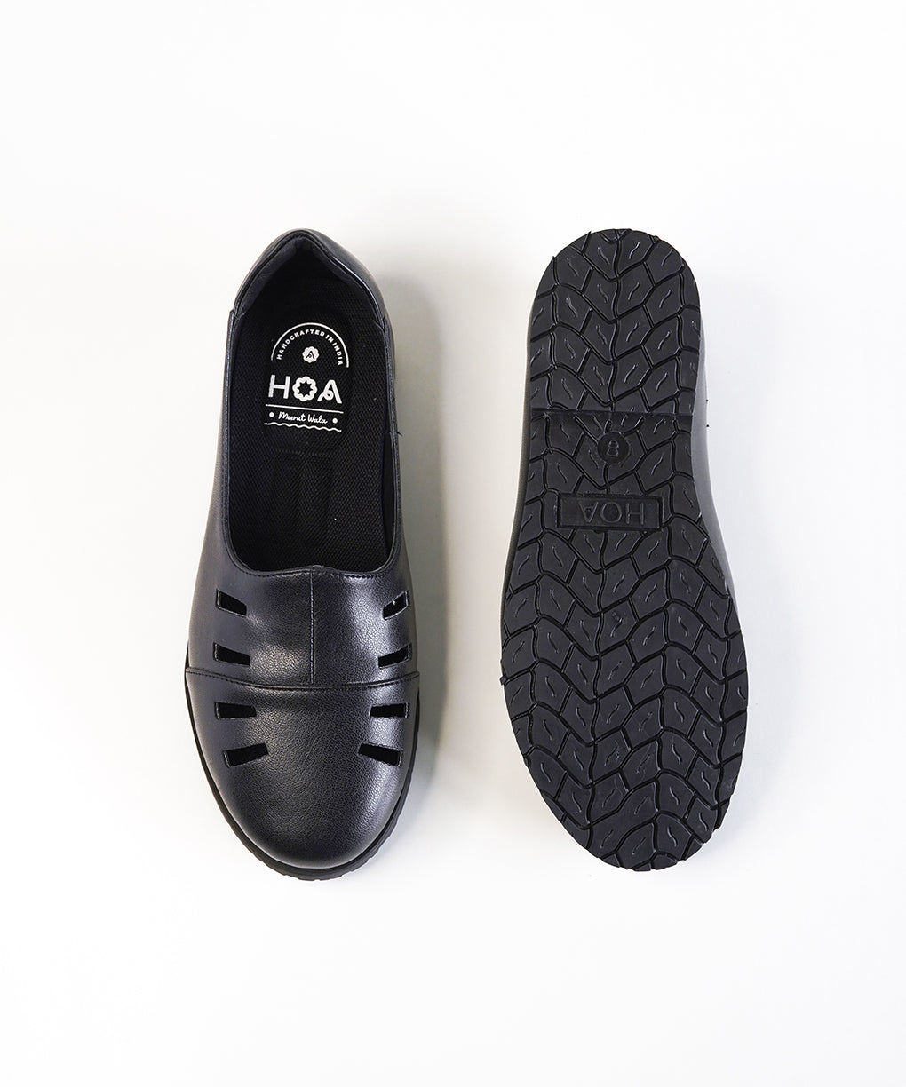 Black Leather Cut Out Loafer Shoes