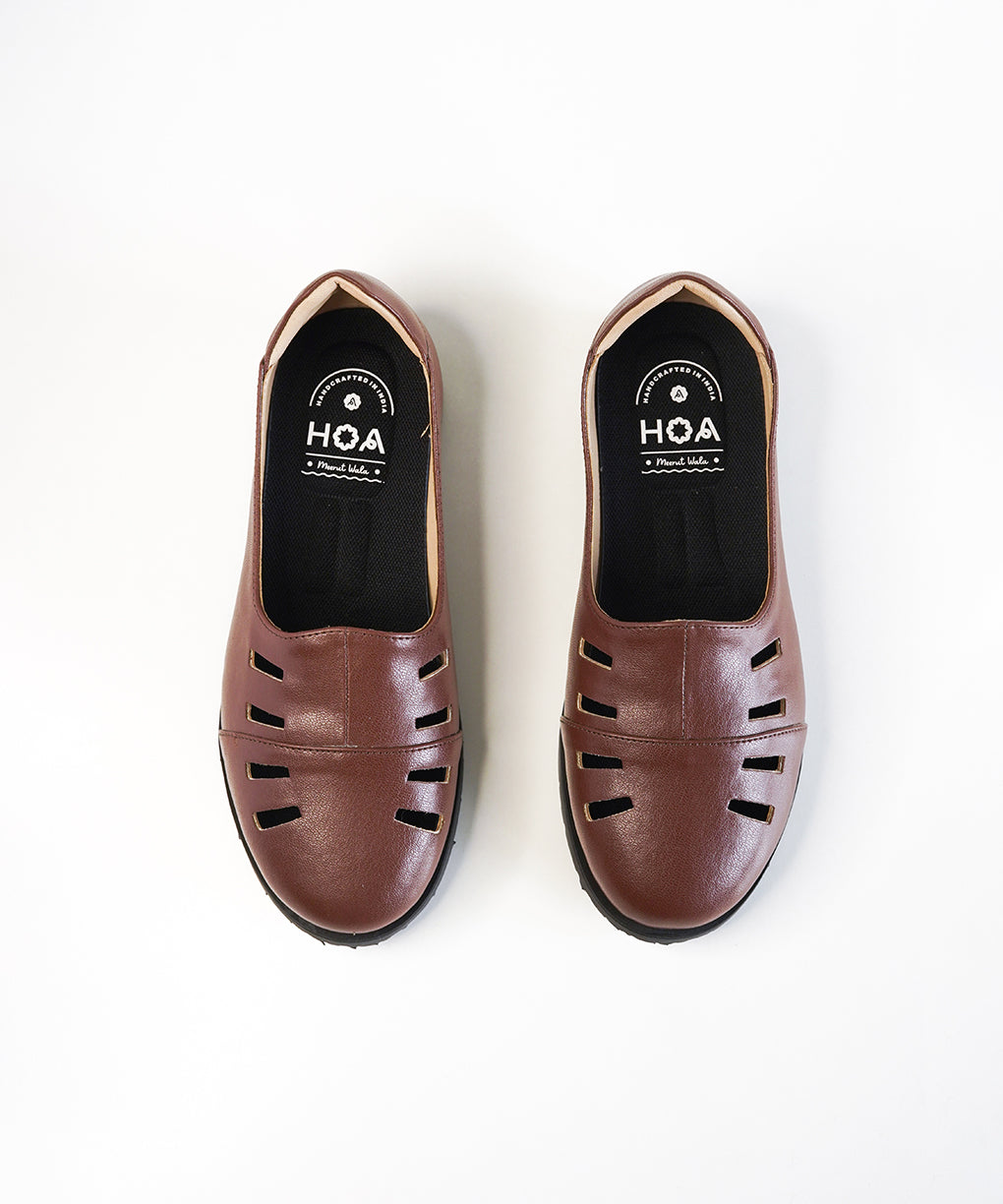 Brown Leather Cut Out Loafer Shoes