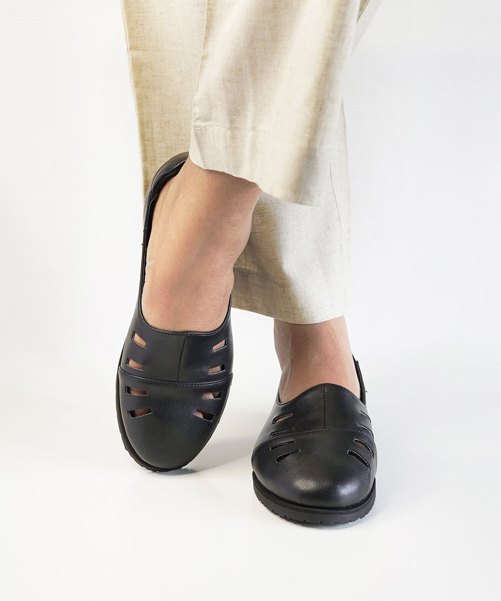 Black Leather Cut Out Loafer Shoes