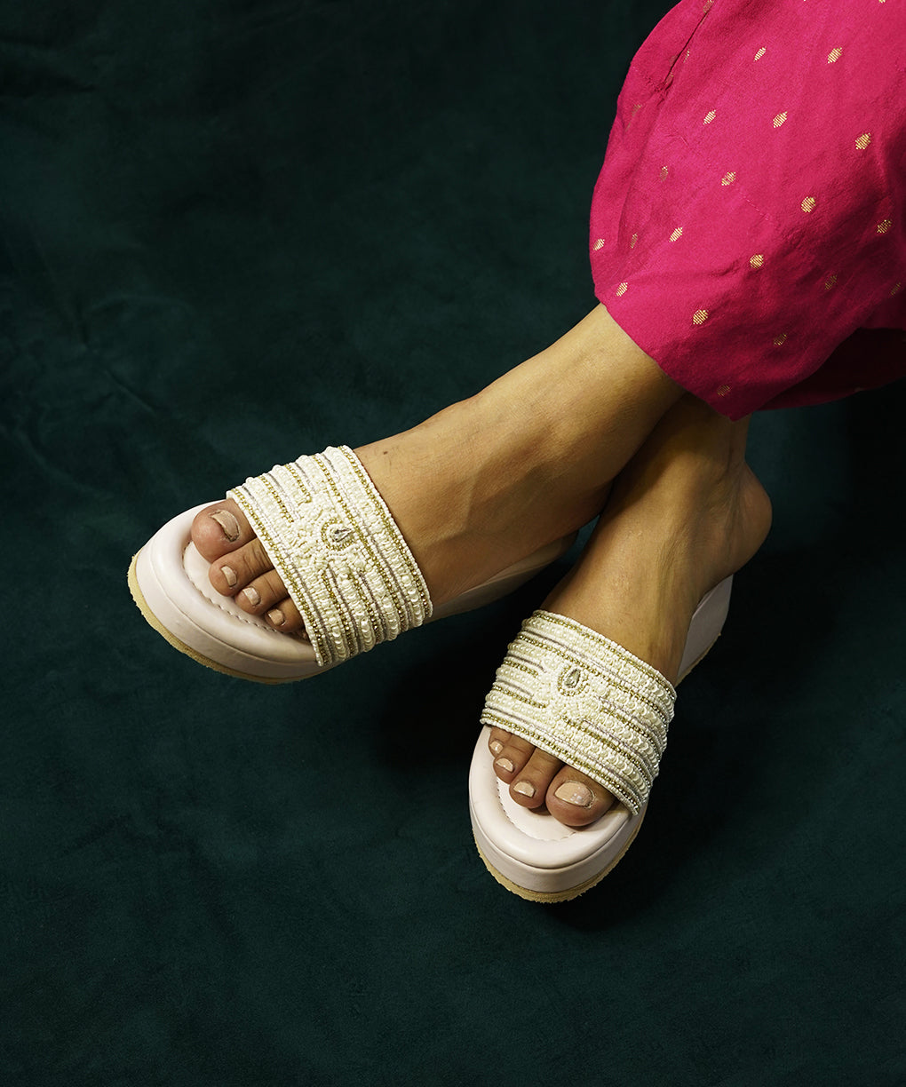 Heera Moti White Open Toe Wedge Sandal