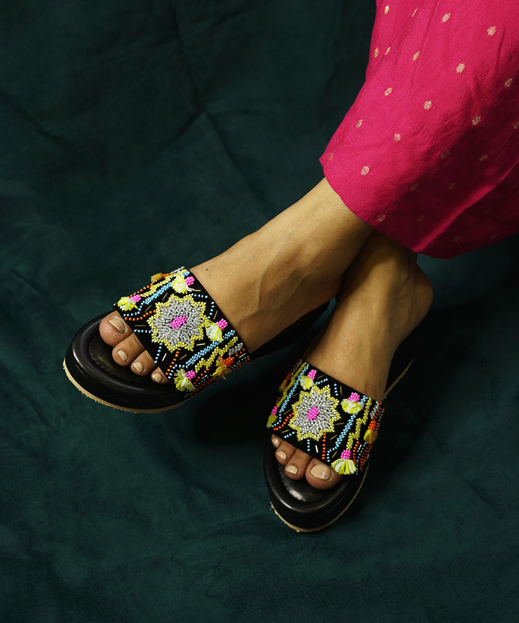 Dilruba Black Open Toe Wedge Sandal