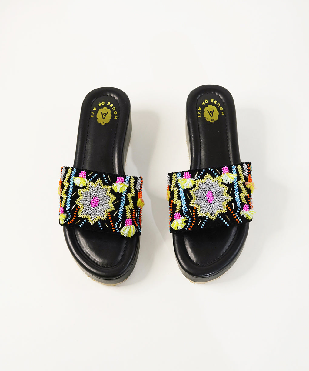 Dilruba Black Open Toe Wedge Sandal